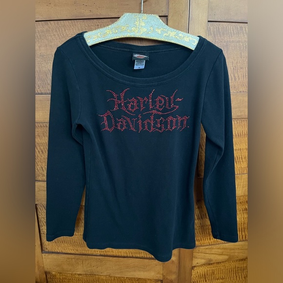 🏍️🔴Las Vegas Nevada Harley-Davidson Red Beaded Bling Black Long Sleeve Tee | M - Picture 5 of 17